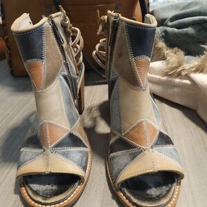 Freebird Bay Women’s Patchwork Leather Peep-Toe Ankle Boots - Neutral Multi